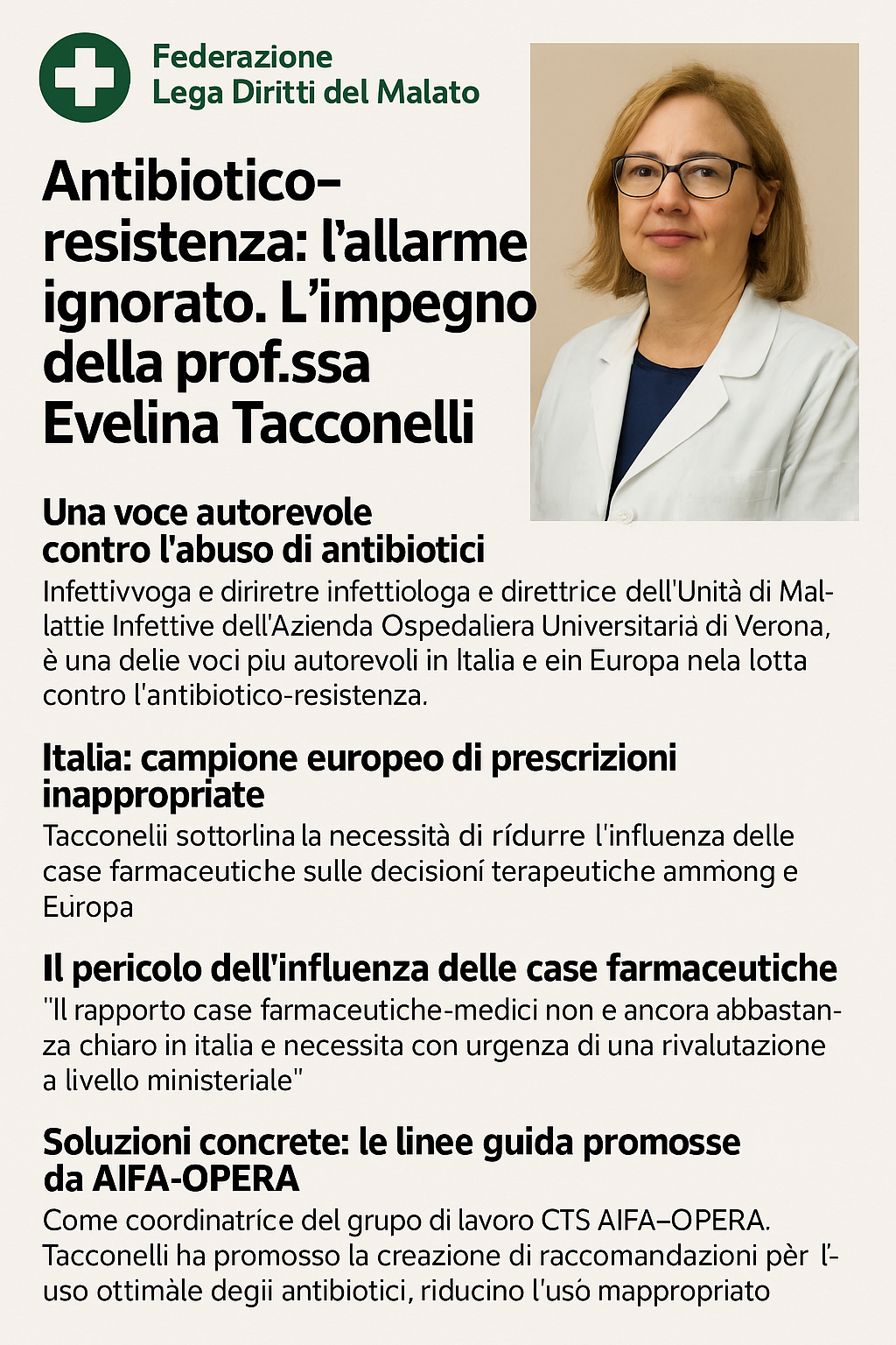 antibiotico-resistenza, Evelina Tacconelli, abuso antibiotici Italia, AIFA antibiotici 2025, case farmaceutiche influenza medici, uso consapevole antibiotici, linee guida AIFA OPERA, prescrizioni inappropriate, salute pubblica e antibiotici.